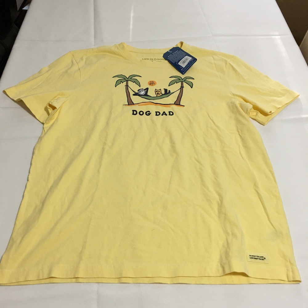 Life Is Good T-Shirt Mens Large Yellow Dog Dad Jake & Rocket Crusher Tee NWT